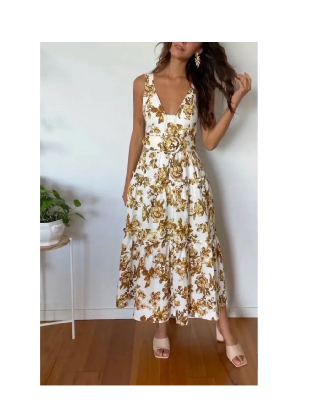 Shona Joy White Midi Dress with Gold Floral Print and V-Neck
